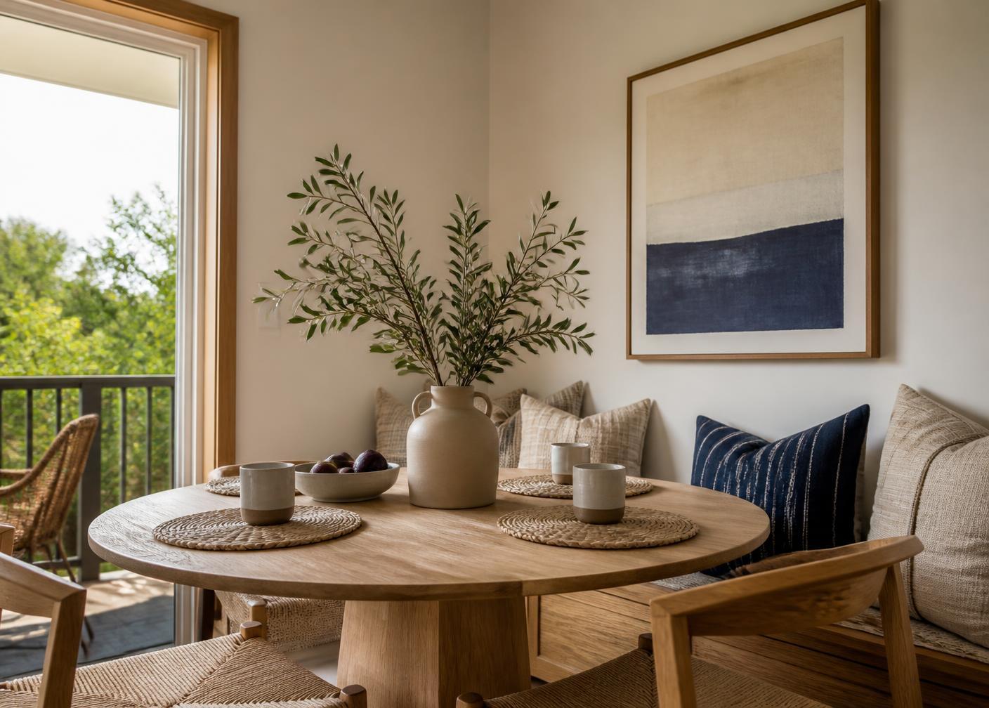 Dining nook of a vacation rental with olive branches and ceramic mugs